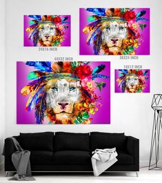 three pictures of a lion with feathers and flowers on it's head are hanging in a living room