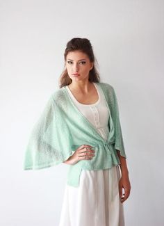 Elegant Green V-neck Cardigan, Chic V-neck Summer Shrug, Chic V-neck Shrug For Summer, Chic V-neck Shrug For Spring, Elegant Open Front Summer Shrug, One Size Spring Wrap Shrug, Elegant Spring Wrap Shrug, Chic Spring Shawl Wrap, Elegant Wrap For Spring