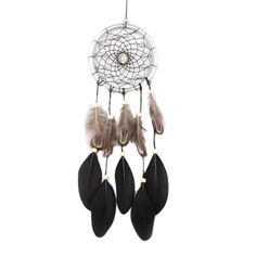 a black and white dream catcher with feathers hanging from it's side, on a white background