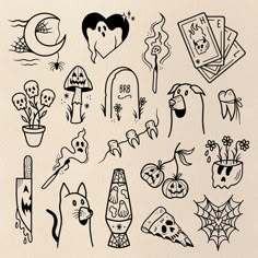 a collection of halloween doodles drawn by hand in black and white ink on paper