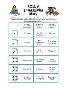 the roll a thanksgiving story game with four dices and two people sitting on it