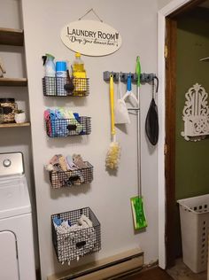 the laundry room is clean and ready to be used as a storage area for cleaning supplies