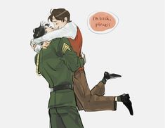 a drawing of a man in uniform hugging a woman