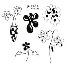 some flowers and vases are drawn in black ink on white paper, with the words polka