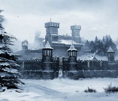 a castle in the middle of a snowy forest