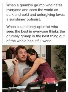 a man and woman sitting on top of a couch with the caption'when a grumpy bump who hates everyone and sees the world as dark and cold and unforving loves a sunshine optimist