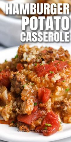 hamburger potato casserole on a white plate with text overlay that reads hamburger potato casserole