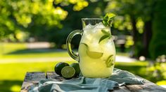 a pitcher filled with lemonade and limes on top of a wooden picnic table