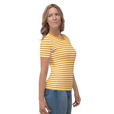 This Orange And White Striped Women's T-shirt is a trendy and stylish addition to any wardrobe. Made from a blend of 95% polyester and 5% elastane, it offers a comfortable and stretchy fit that hugs your curves in all the right places. The vibrant orange and white stripes add a pop of color to your outfit, making it perfect for both casual and dressier occasions. With its regular fit, this t-shirt is versatile and can be paired with jeans, shorts, or skirts for a chic and effortless look. Whether you're heading out for a day of shopping or meeting up with friends, this t-shirt is a must-have for any fashion-forward woman. See more striped clothing + FEATURES + 95% polyester, 5% elastane (fabric composition may vary by 1%) Premium knit mid-weight jersey Four-way stretch fabric that stretche White Fitted Casual T-shirt, Basic Elastane T-shirt For Spring, Casual Fitted Elastane T-shirt, Fitted Casual Elastane T-shirt, Trendy Fitted Elastane T-shirt, Spring Crew Neck T-shirt, Trendy White Elastane Tops, Fitted Yellow T-shirt For Summer, Fitted Orange T-shirt For Spring