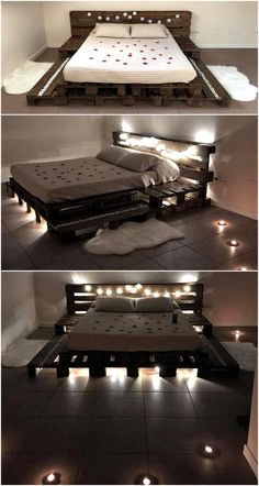 the bed is made out of pallets and has lights on each side to make it look like they are floating