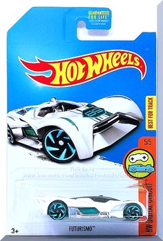 a white hot wheels car with blue rims on the front and back sides, in a package