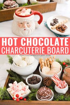 hot chocolate charcuterie board with santa's face on top and other holiday treats