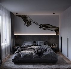 a large bed sitting under a painting on the wall