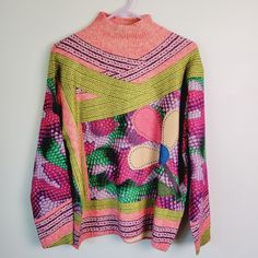 Colorful Bright Vivid Dreamcore Mockneck Sweater Size Medium New Without Tags 80s Print Sweater, Pink High Neck Top For Fall, Pink High Neck Tops For Fall, Trendy High Neck Pink Top, Pink High Neck Top For Winter, Spring Funnel Neck Sweater, Casual Pink Winter Turtleneck, Pink Turtleneck Top For Winter, Pink Funnel Neck Sweater For Winter