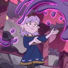 a cartoon character with purple hair and glasses holding her hand out to the side while standing in front of an abstract background