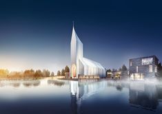 an artist's rendering of a church in the middle of a body of water