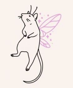 a drawing of a cat with a butterfly on its back and wings flying above it