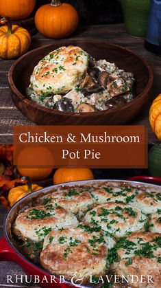 chicken and mushroom pot pie in a red casserole dish surrounded by pumpkins