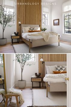 two pictures of a bedroom with white walls and wood paneling on the side wall