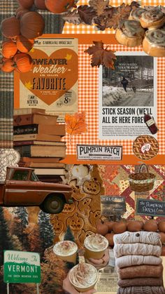 a collage of pumpkins, books and other items