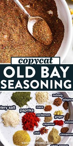 an old bay seasoning recipe in a bowl with spoons and spices on the side