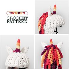 crochet unicorn hat with multicolored hair and tail, made to look like an animal