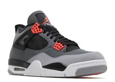 These Retro 4’s are a unique color combination in suede material. It is infrared, black, and dark/light grey. The shoe is predominately dark grey with the toe having a light grey strip. The infrared comes into play with the lace flaps and the inner lining of the tongue. The netting is black and so is the back flap and parts of the sole. This unique color combinations makes for eye catching footwear. Jordan 4 Infrared, Jordans 4, Jordan 4’s, Jordan Retro 4, Retro 4, Black Cement, Womens Air Jordans, Unique Color Combinations, Jordan 2