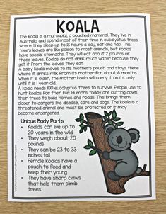 the koala poem is displayed on a table