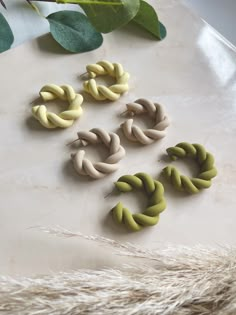 several different colored rings sitting on top of a white table next to green leafy plants