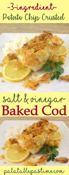 two pictures of baked fish with lemons and parmesan cheese on the side