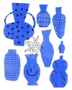 blue vases with faces drawn on them