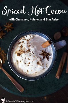 spiced hot cocoa with cinnamon, nutmeg and star anise