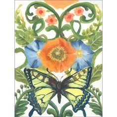 an image of a butterfly and flowers on a white background with orange, blue, and yellow colors