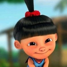 a cartoon character with black hair and a red bow on her head