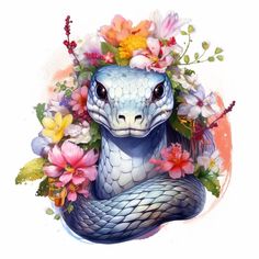 a blue snake with flowers on its head is surrounded by pink and yellow flowers in the background