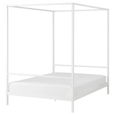 a white bed with a metal frame and mattress on the bottom side, against a white background