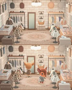 an animal is standing in the middle of a room with clothes on racks and other items