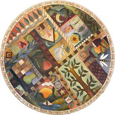 Round Coffee Table –  Seize the Day/Relish the Night round coffee table with sun, moon and tree of life motif Lazy Susan Designs, Painted Lazy Susan, Sticks Furniture, Circular Art, Lazy Susans, Shapes Images, Des Moines Iowa, Art Carved, Crazy Quilt