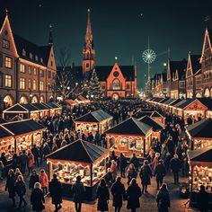 an outdoor christmas market with lots of people walking around it and lit up buildings in the background