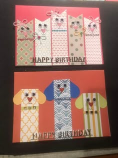 two birthday cards with cats on them and the words happy birthday written in large letters