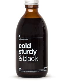 the bottle is full of black liquid on a white background, it says cold stuurdy & black