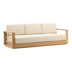 a white couch with wooden frame and cushion on the back side, against a white background