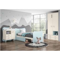 a child's bedroom decorated in pastel blue and grey with mountains painted on the wall