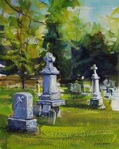 a painting of many headstones in a cemetery