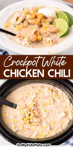 the crockpot white chicken chili is ready to be eaten