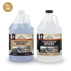 two gallon bottles of countertop epoxy next to each other on a white background