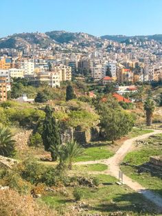 the city is surrounded by hills and trees in the foreground, with a dirt path leading up to it