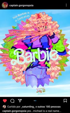 an animated image of a woman with pink hair and green eyes, in front of a blue