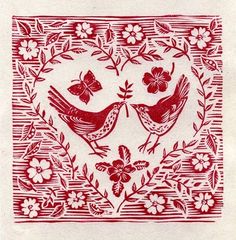 two birds in a heart with flowers and butterflies on the border, one is red