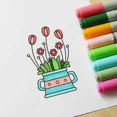 an instagram page with markers and crayons on it, including a drawing of flowers in a pot